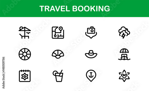 Premium Travel Reservation and Trip Planning Icon Set. Modern Vector Illustrations for Vacation, Hotel, Flight, and Transportation Design