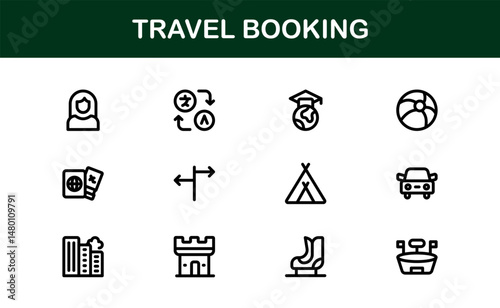 Premium Travel Reservation and Trip Planning Icon Set. Modern Vector Illustrations for Vacation, Hotel, Flight, and Transportation Design