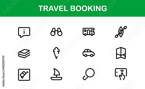 Premium Travel Reservation and Trip Planning Icon Set. Modern Vector Illustrations for Vacation, Hotel, Flight, and Transportation Design