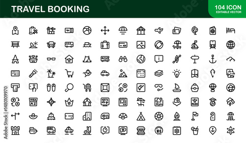 Premium Travel Reservation and Trip Planning Icon Set. Modern Vector Illustrations for Vacation, Hotel, Flight, and Transportation Design