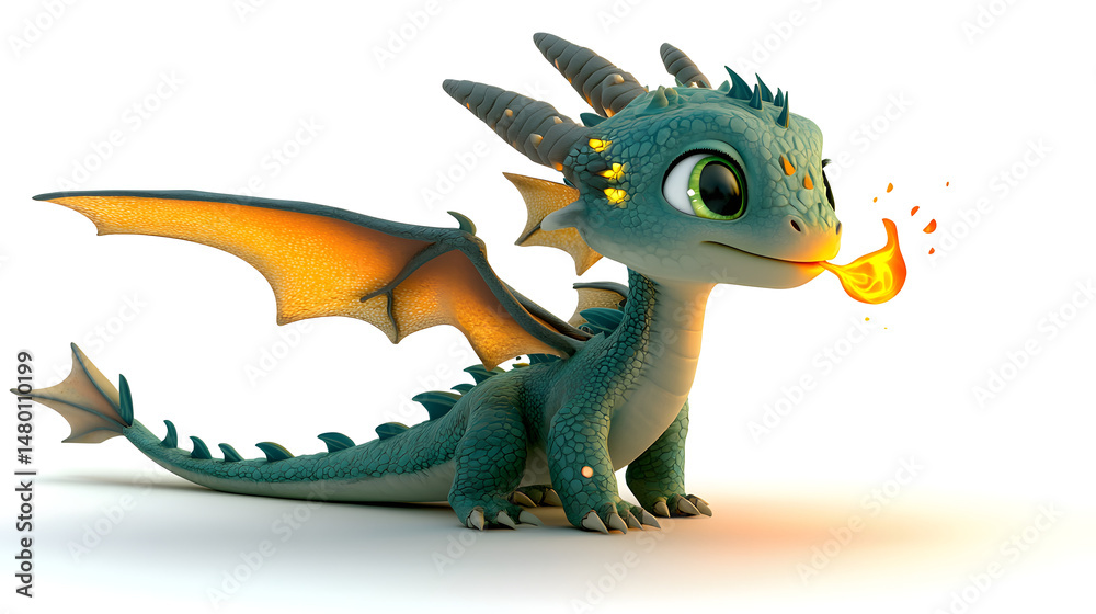 Fototapeta premium A small green dragon with yellow wings and a yellow flame on its mouth