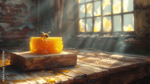 Honeycomb on wooden board in sunlight