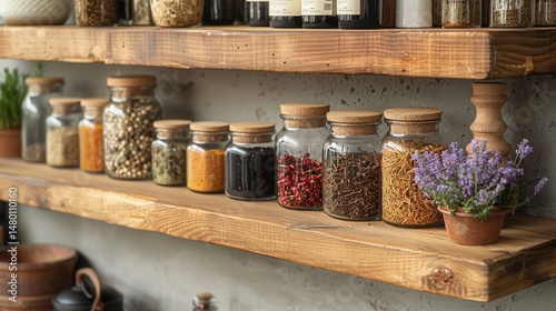 Kitchen shelf with natural jars and dried herbs