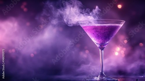 Elegant purple cocktail in a martini glass with dramatic smoky background and shimmering bokeh lights
