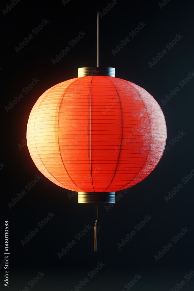 Obraz premium Glowing Red Lantern Suspended in Darkness Traditional Asian Decoration Festive Celebration Still Life