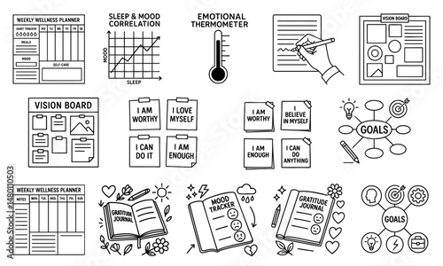 stress management wellbeing routine concept. Wellness planner and motivational graphics for personal growth.