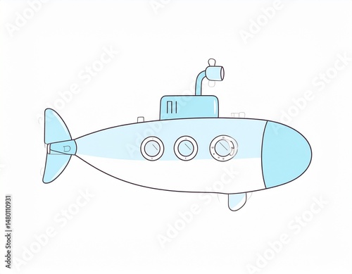 Cute blue submarine illustration with periscope, tail fin, and three round windows
