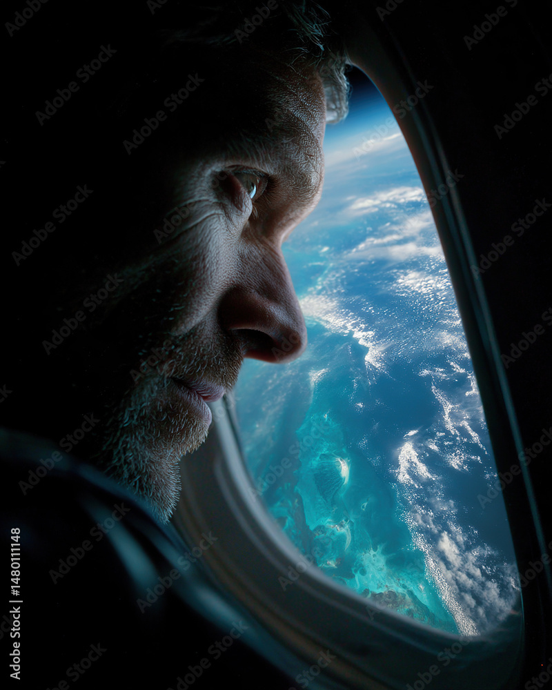 Man Looking Out Airplane Window at Earth Below