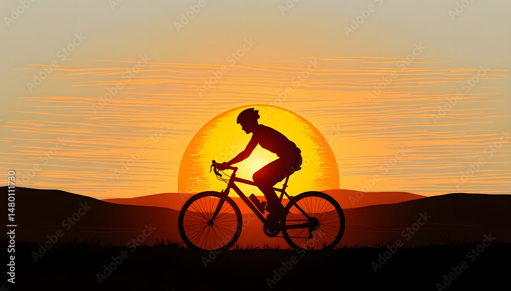 Obraz premium Graceful cyclist pedaling against a fiery sunset backdrop, hand-drawn digital illustration. with white shades