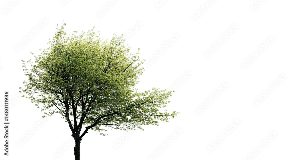 Solitary Tree with Green Foliage on White Background
