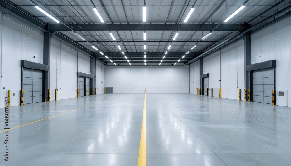 Spacious Empty Warehouse Interior with Bright Lighting and Clean Floor Spacious Empty Warehouse Interior with Bright Lighting and Clean Floor