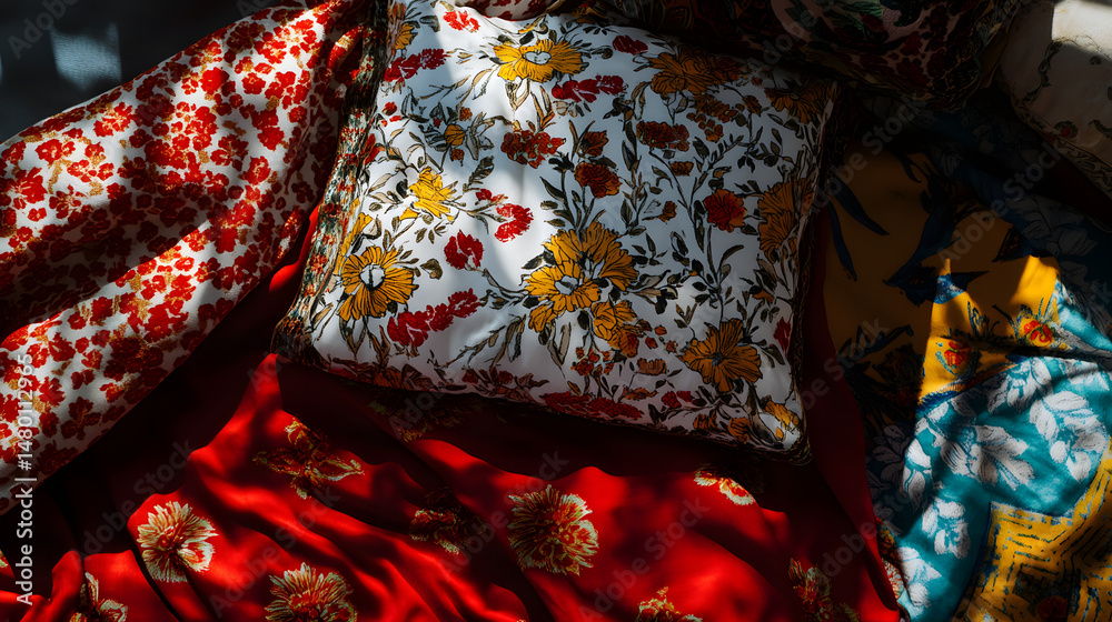 Fototapeta premium A vibrant arrangement of floral-patterned fabrics and cushions laid out in a sunlit setting, showcasing textures and colors