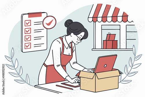 Portrait of owner asian woman freelancer sme business online shopping working checklist order and packing product, cardboard box, E-commerce, marketing, entrepreneur, Business online, startup concept