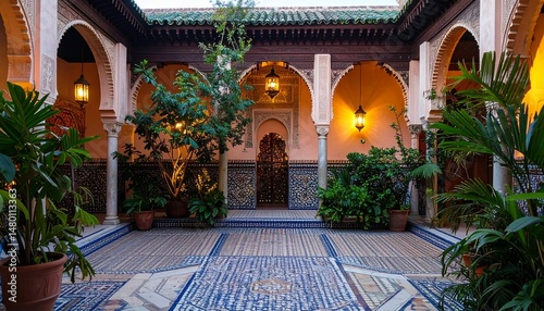 Courtyard view featuring plants, archways, lanterns, and patterned tiles, evoking a peaceful atmosphere
