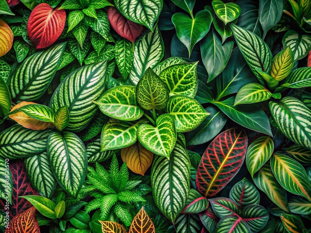 Fototapeta premium Intricate Botanical Pattern Background: Lush Green Leaves and Floral Design - Stock Photo