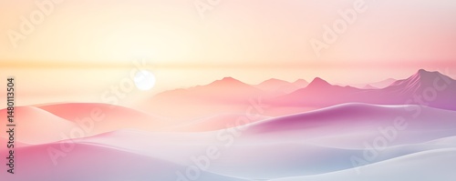Pastel hues landscape at sunrise over mountains.