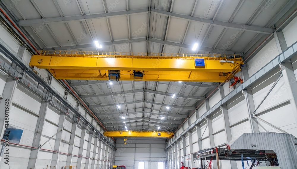 Obraz premium Industrial Warehouse Interior with Yellow Overhead Crane and Lighting