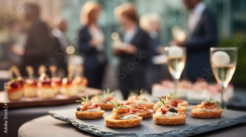 Buffet with appetizers, drinks, and blurred business people mingling outside