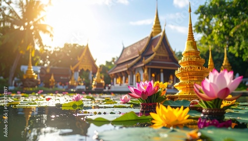 Pond with lotus flowers with golden structures under sunlit sky
