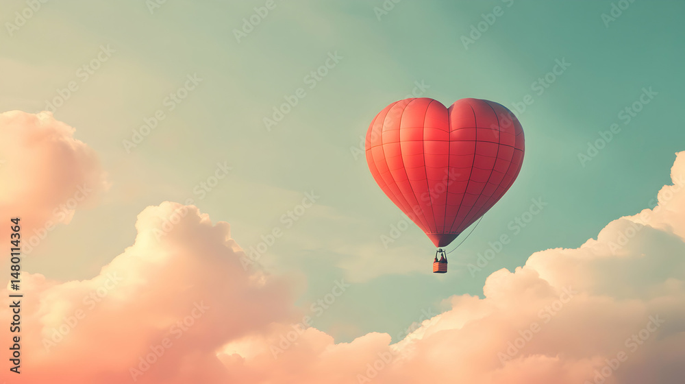 Obraz premium Heart Balloon Romance Sky Red Love Airscape Hot Air Floating Vintage Dreamlike Valentine's Day Aesthetic
