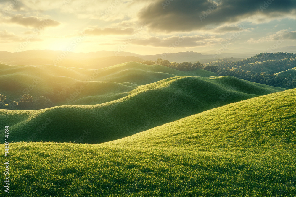 Obraz premium Rolling Green Hills Sunset Landscape Nature Scenery
