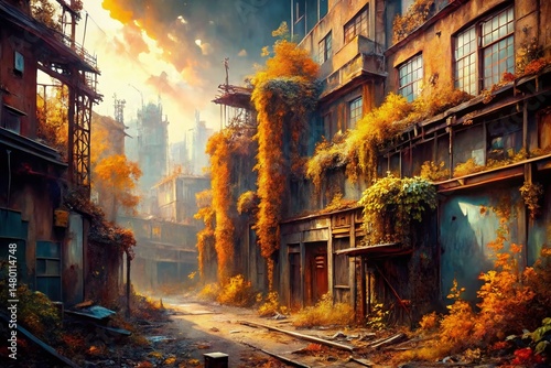Intriguing Autumn Urban Exploration: Warm-Toned Digital Art Background