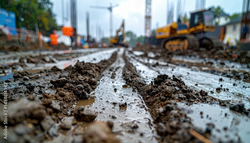 Naklejka premium Construction Site with Muddy Ground and Heavy Machinery Equipment
