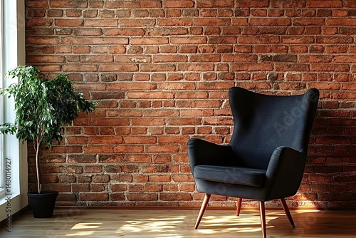 Modern interior design with armchair and brick wall