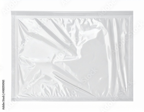 Clear plastic pouch with wrinkles, showcasing light reflections and texture