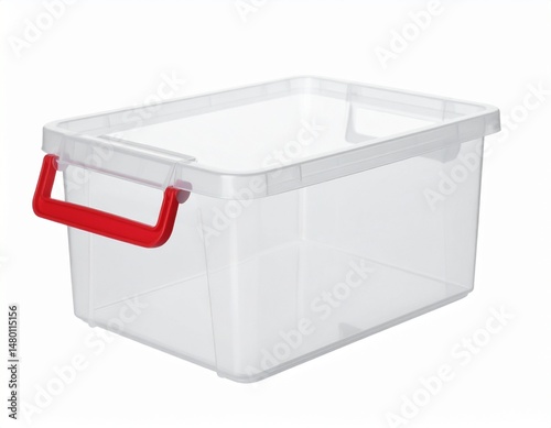 Clear plastic storage box with red handles, clean background, perfect for organizing items