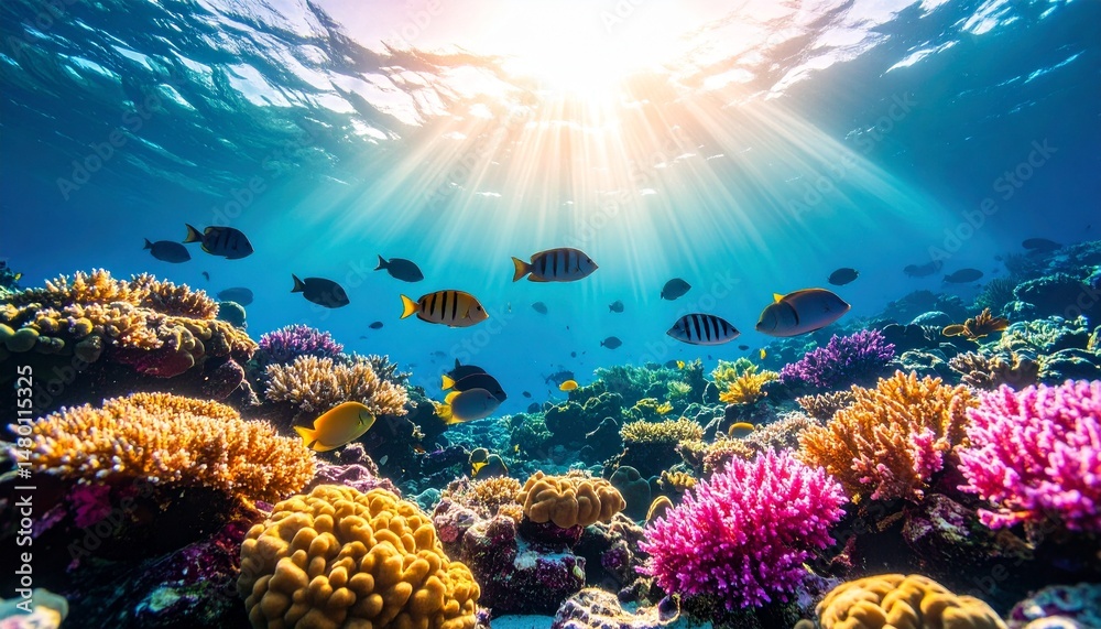 Naklejka premium Underwater world filled with marine life, colorful coral reefs, and the sun's radiant rays