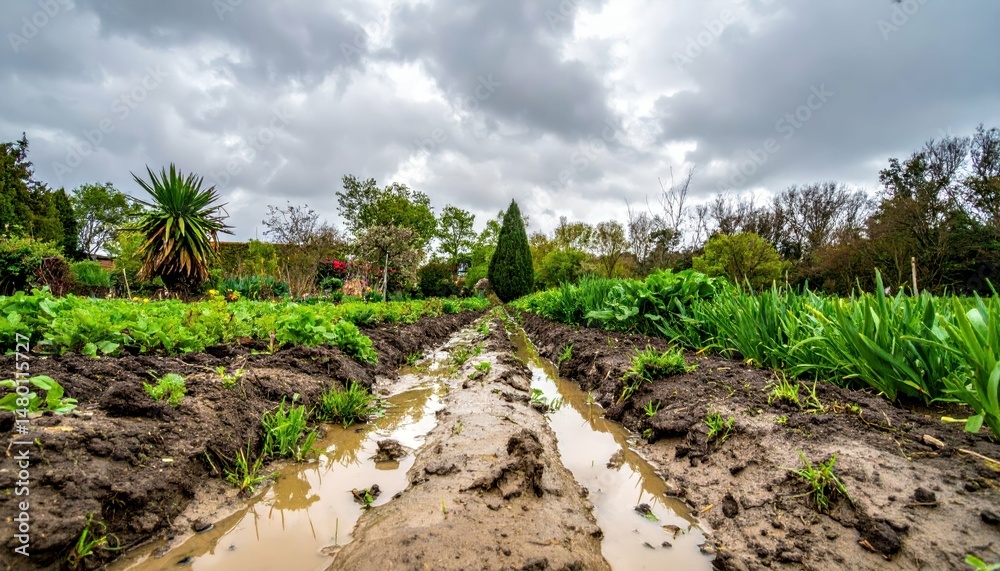 Fototapeta premium Wet Garden Field with Cloudy Sky and Green Plants in Spring Season