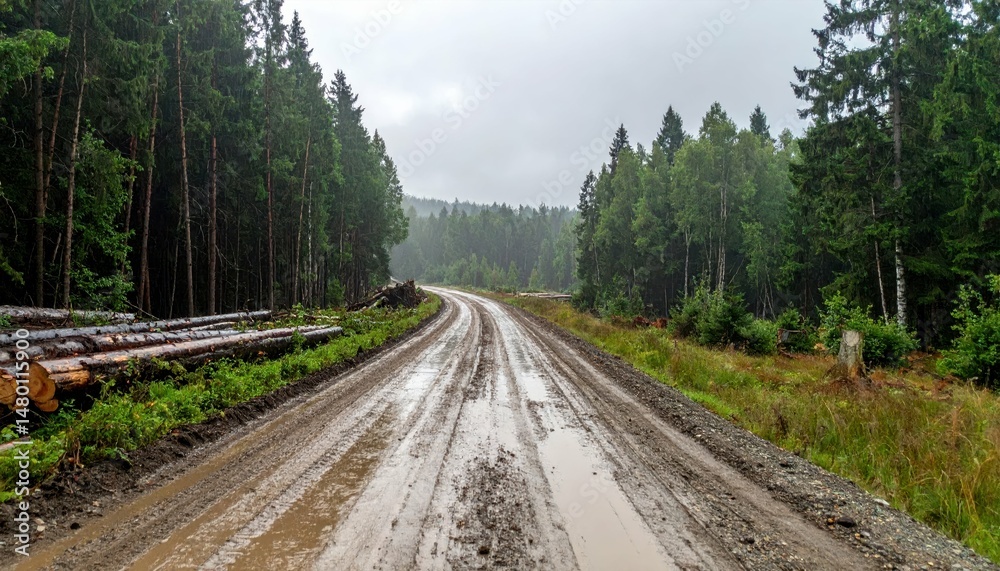 Fototapeta premium Serene Muddy Road Surrounded by Lush Green Forest After Rainfall
