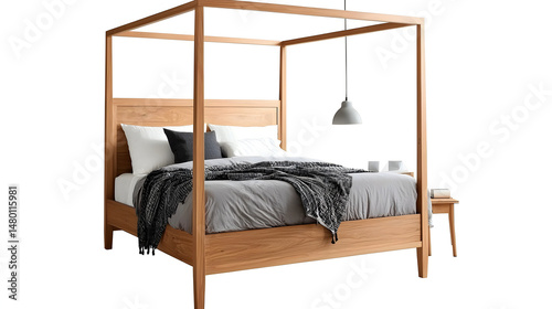 A wooden bed with a canopy and a gray blanket