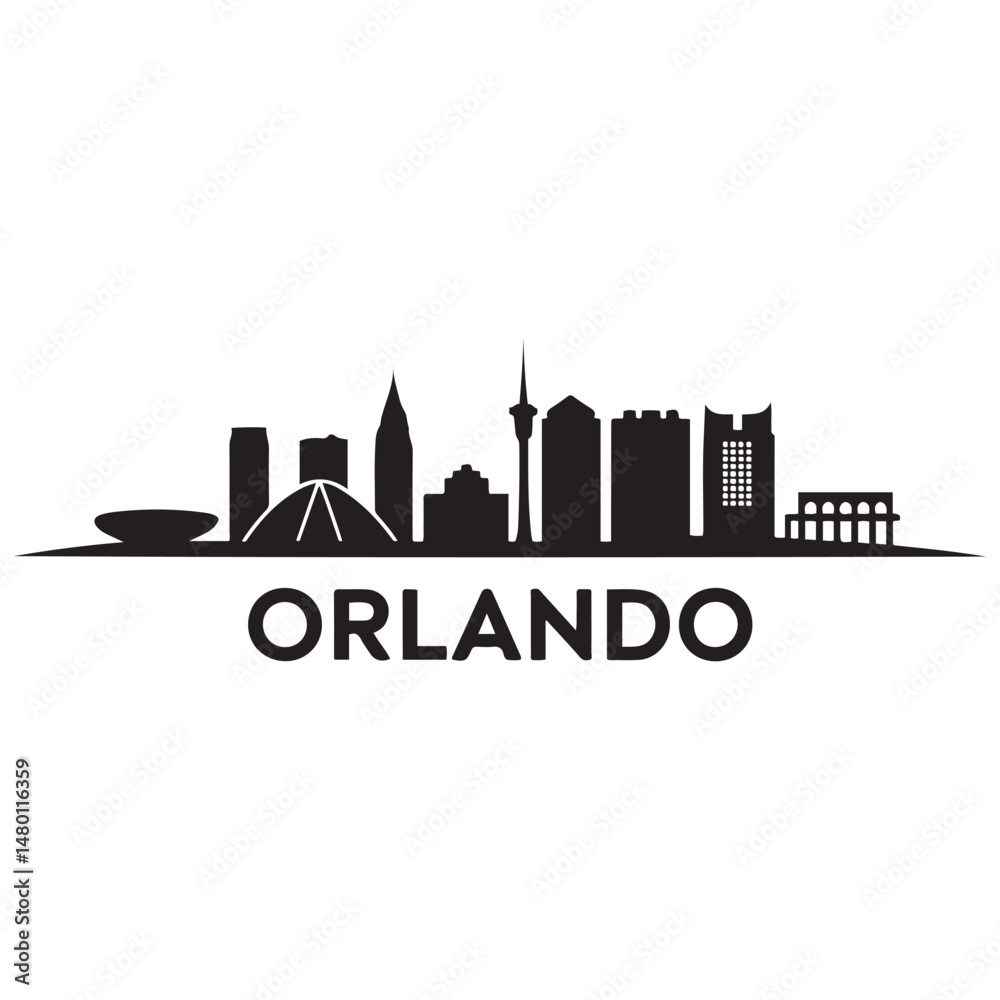 Fototapeta premium Vector Orlando skyline. Travel Orlando famous landmarks. Business and tourism concept for presentation, banner, web site. Vector black silhouette. with white background