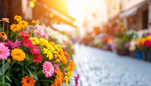 Sun-drenched street blossoms, vibrant blooms spill onto cobblestone, inviting charm and bright atmosphere