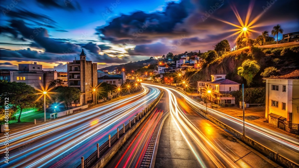 Obraz premium Long Exposure Light Trails at Bundoza, Night Photography, Cityscape