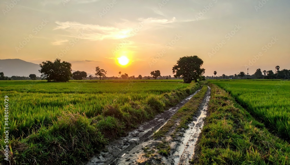 Fototapeta premium Serene Sunset Over Lush Green Rice Field Path and Tree Silhouette