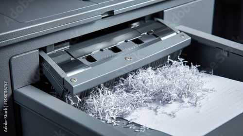 A paper shredder in action, shredding documents into strips for secure disposal and data protection in an office environment.