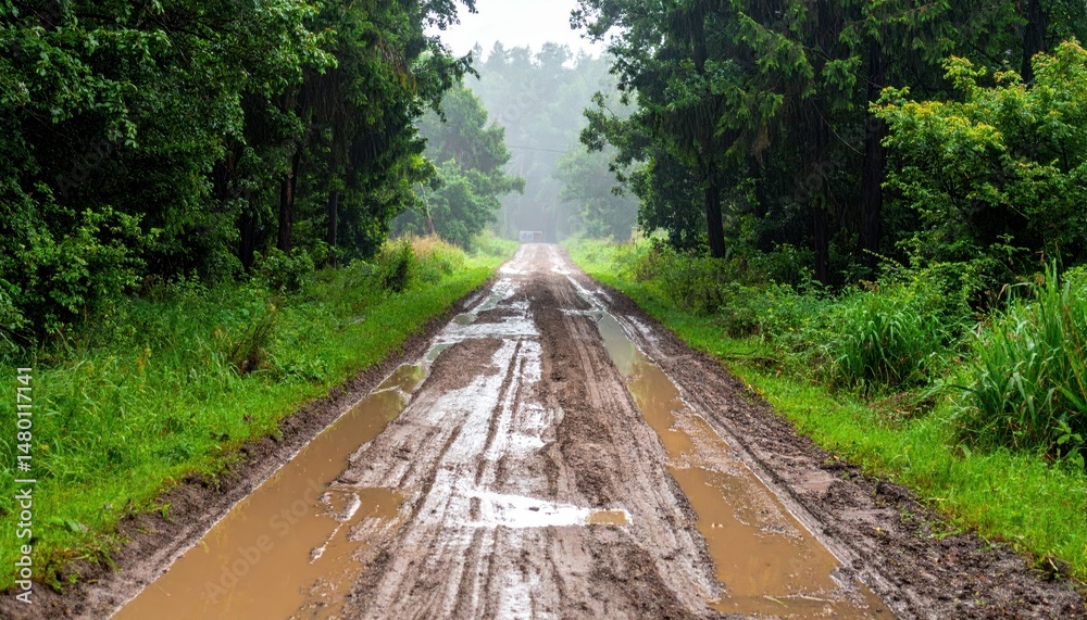 Obraz premium Wet Muddy Road Surrounded by Lush Green Forest in Rainy Weather