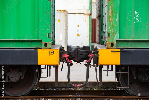 The mechanism of coupling of train cars close up, coupling of railway cars, wagon connection