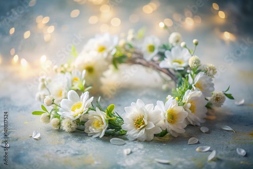 Long Exposure White Flower Wreath with Yellow Accents - Elegant Floral Photography