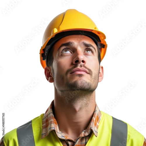 Construction worker looking upwards with helmet and safety vest isolated on white background