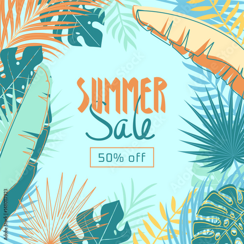summer tropical sale square banner background, summer typography, palm leaves illustration