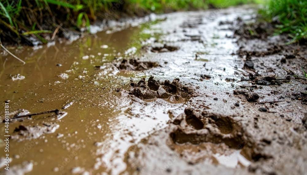 Fototapeta premium Animal Tracks in Muddy Pathway Surrounded by Greenery