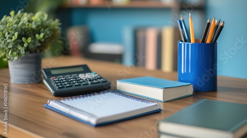 Stylish Office Desk Setup with Notebooks, Calculator, and Stationery for Creative Work Environment