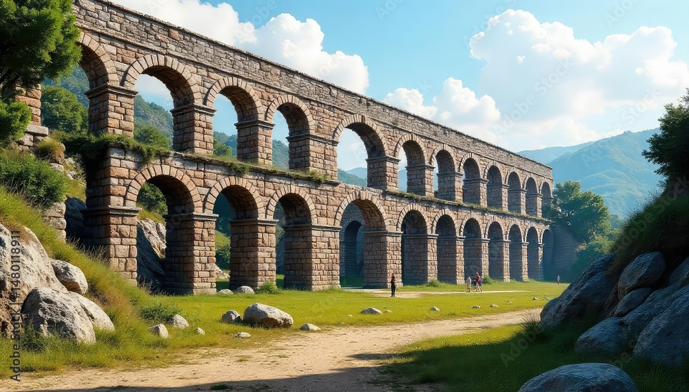 Obraz premium Ancient Roman aqueduct ruins, weathered stone, historical architecture, impressive structure , timeless, remains
