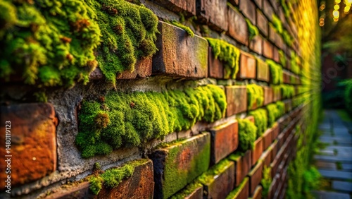 Low Light Rustic Brick Wall with Moss Texture - Stock Photo