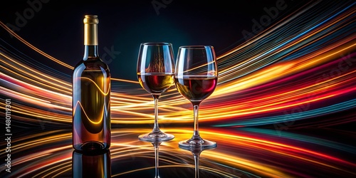 Low Light Still Life: Glasses, Wine Bottle, & Light Trails on Black