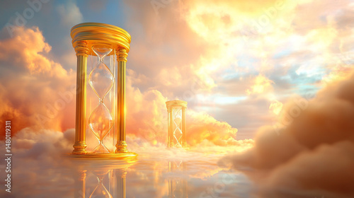 Elegant golden hourglasses set against a surreal, cloud-filled landscape, with soft lighting and dreamlike atmosphere, perfect for conceptual and artistic themes. photo